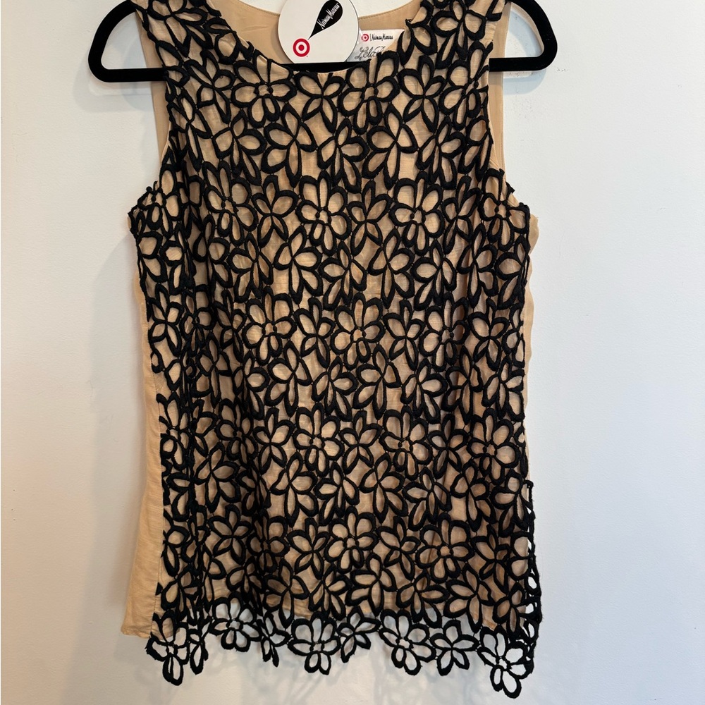 Lela Rose x Neiman Marcus x Target Black Floral Laser-cut Lace Sleeveless Blouse